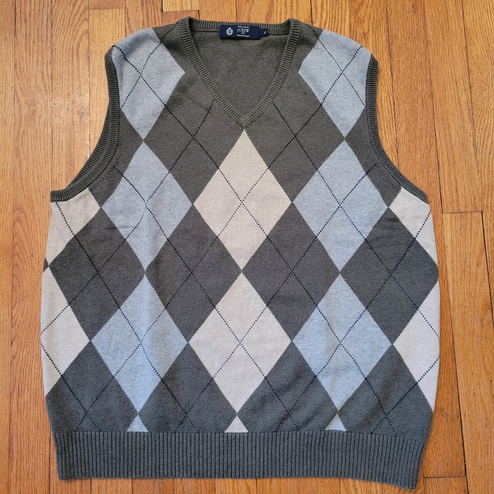 J Crew Argyle Sweater Vest XL Green Blue Cotton V Neck Knit Preppy Twee Grandpa